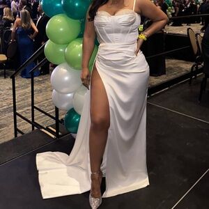 White Satin High Slit Draping Boned Corset Gown with rhinestones.